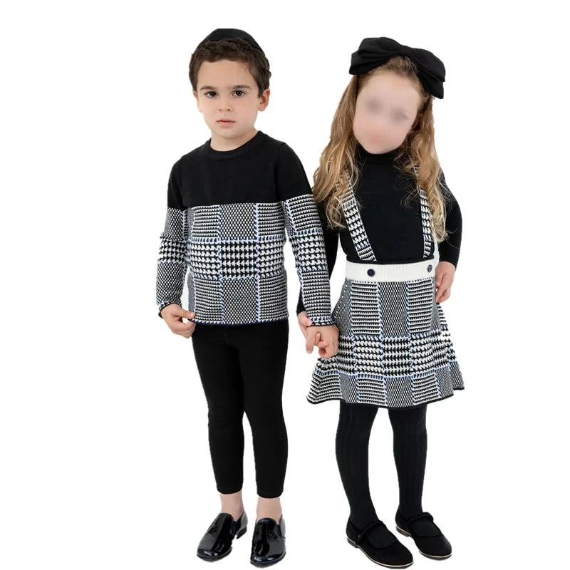 Kids Sweaters Girl Skirts Sister Mathcing Knitted Clothes Plaid Knit Pullover a Line Dresses Baby Princess Winter Vestidos