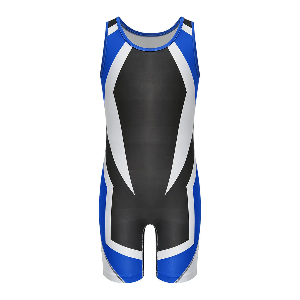 Kids Boys Wrestling Singlet Color Block Jumpsuit Quick-dry Sleeveless Thigh Length Bodysuit Sports Workout Exercise Cycling Set
