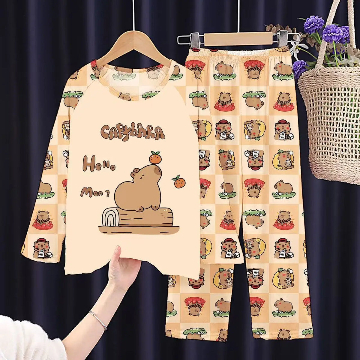 Capibara Kids Pajama Sets Long Sleeve Loungewear with Cute Animal Print Soft Sleepwear for Boys Girls Cartoon Sleepwear Outfit