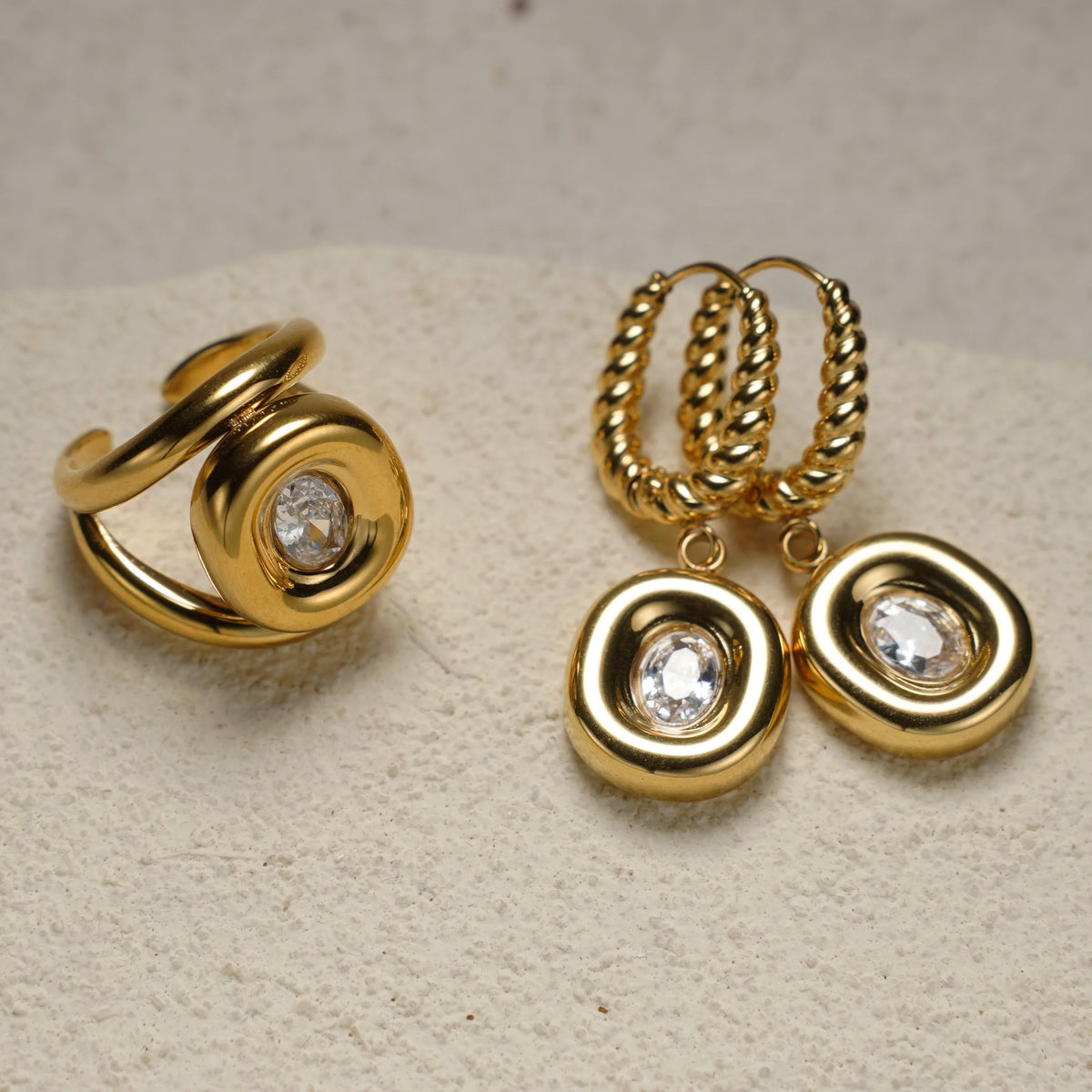 Women 2 Piece 18K Gold Plated Zircon Jewelry Set, Twisted Hoop Drop Earrings And Open Ring, Waterproof Stainless Steel