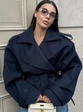Fashion Lace up Cropped Trench Coat Women Lapel Long Sleeves Wide Shoulder Windbreaker Jacket Fall Commuting Daily Jackets 2026