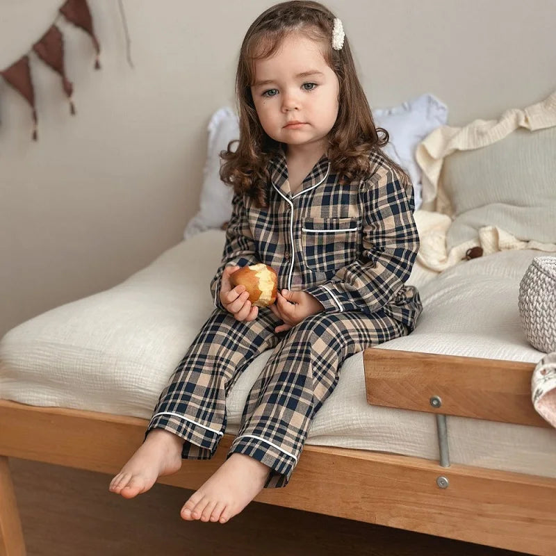 Children's Pajamas Sets Spring Autumn Baby Girls Clothes 100% Pure Cotton Plaid Tops+Pants 2 PCS Kids Boy Pyjamas Suits Homewear