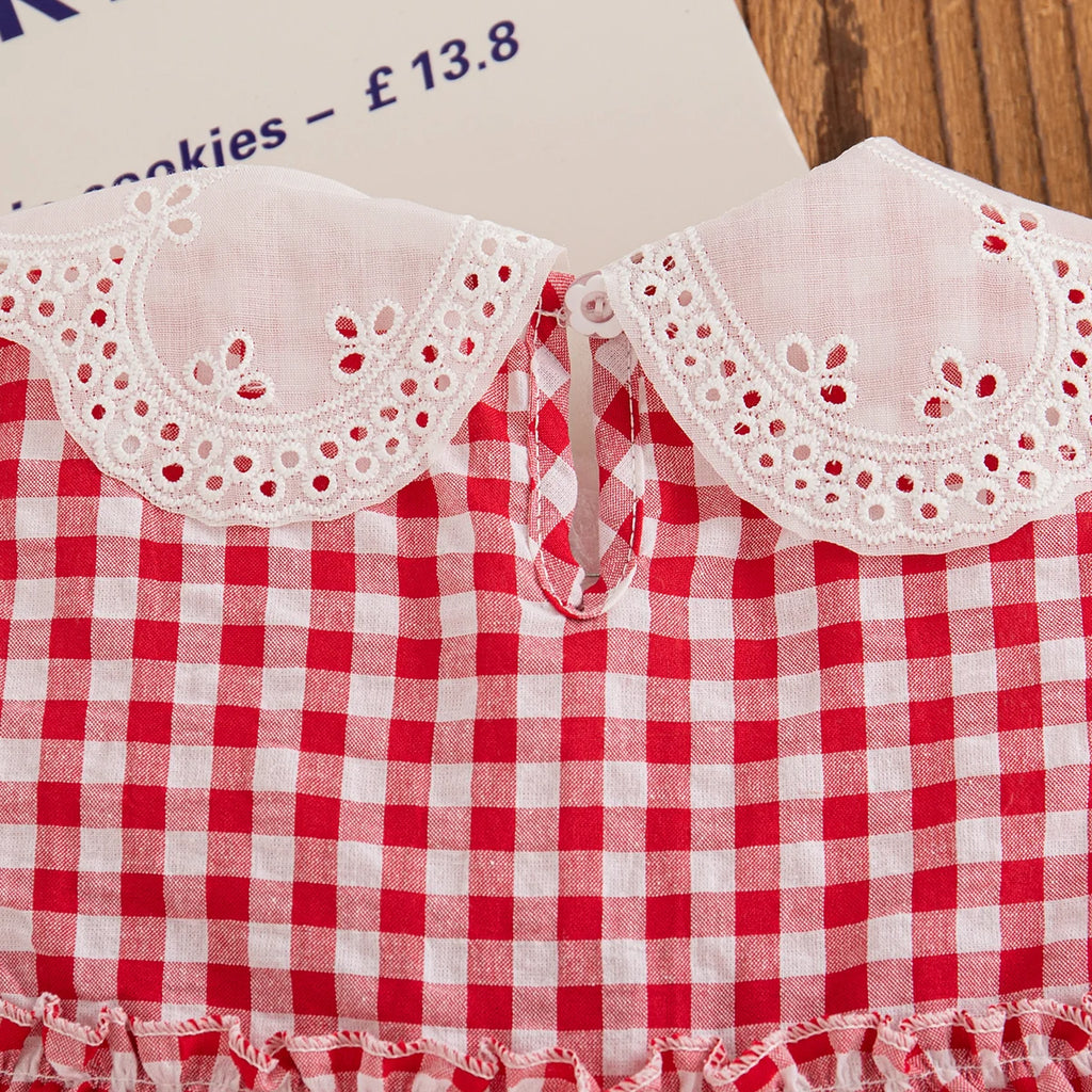 Korean Style Toddler Dress Strawberry Embroiderey Red Baby Gril Sleeveless Check Dress for Kids Girl Casual Outdoor Dress