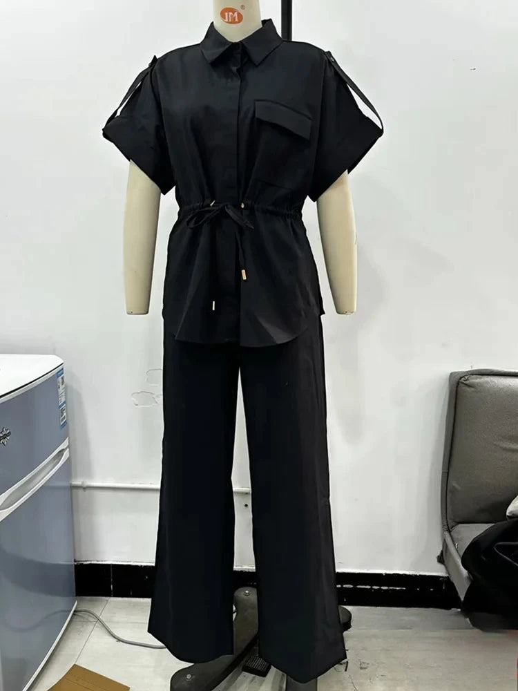KONDALA Vintage Casual Solid Women Suit Single Breasted Short Sleeve Shirt Loose Long Pants Chic Fashion 2025 Summer Basics Sets
