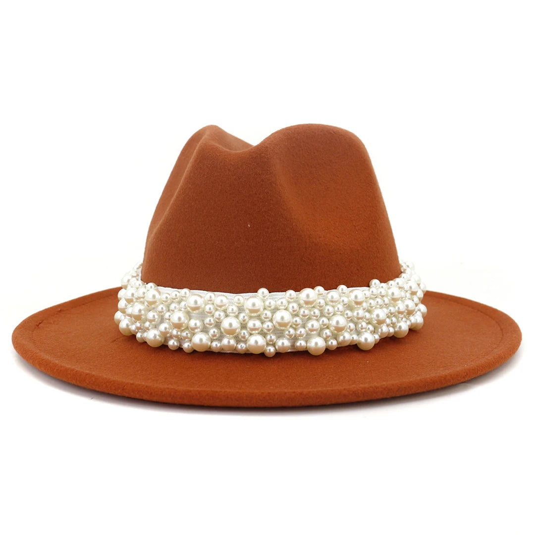 Fedora Hats for Women Wool Felt Panama Hat with Pearl Band Wide Brim Felt Hat Classic Trilby Jazz Hat Church Hats Women Elegant