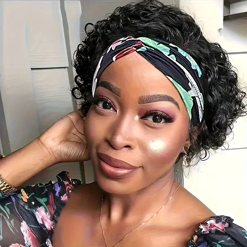 Headband Wig Human Hair for Woman Pixie Cut Wig Short Curly Hair Headband Wig Machine Made 150% Density Black Beginner Friendly