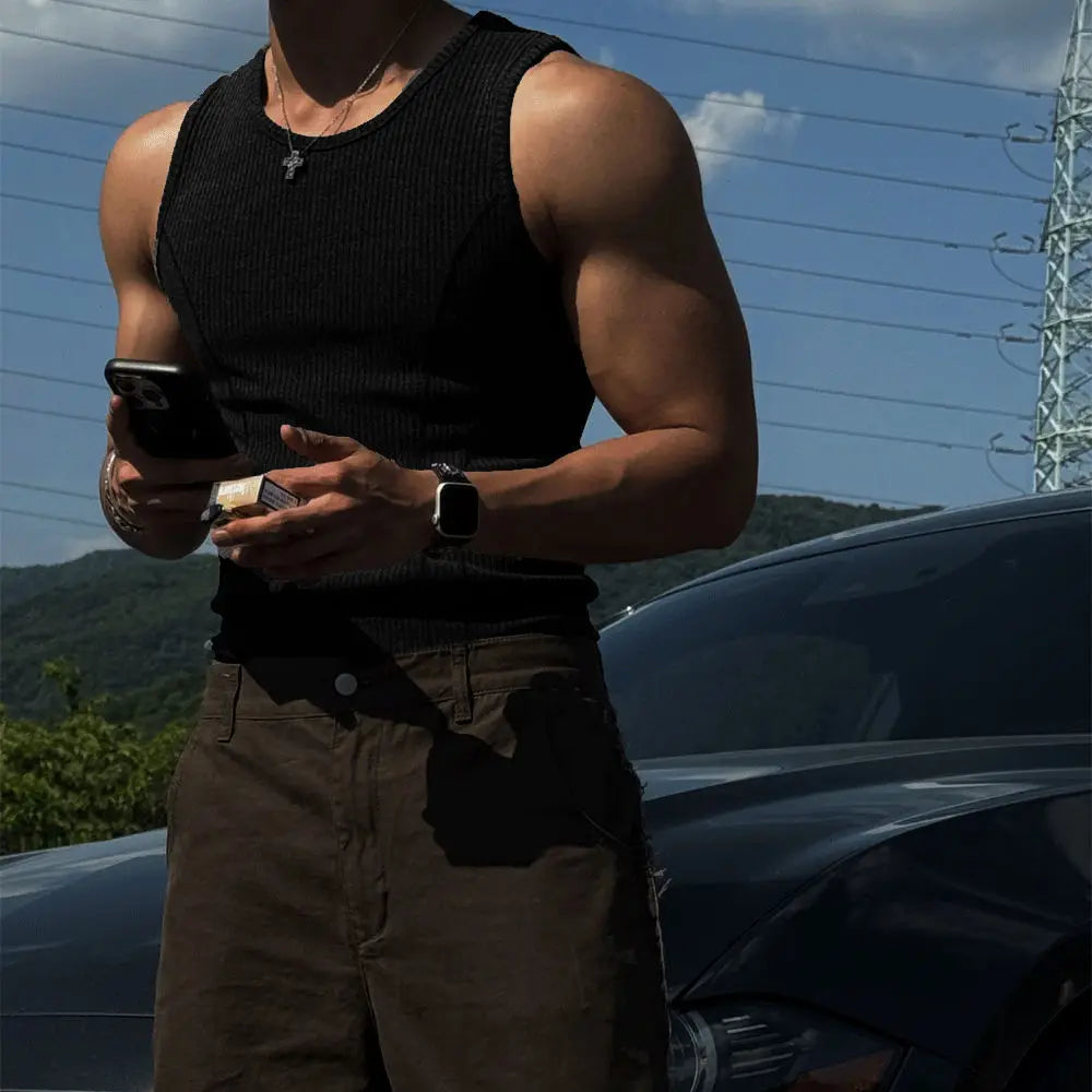 Mens Ribbed Sleeveless Tank Top Activewear Fitness Sports Bodybuilding Vest Breathable Quick-drying Elastic Undershirt Gym Top