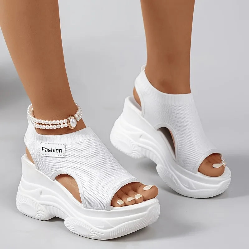 Women Fashion Platform Wedge Sandals Peep Toe Knit Mesh Breathable Lightweight Comfortable Sporty Walking Casual Outdoor Slides