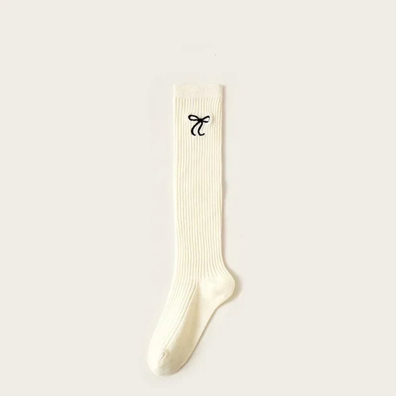 Baby Children Korean Knee High Long Socks for Girls Sweet White Bow Jacauard Cotton Legging Stocking School Sock for Kids Tights