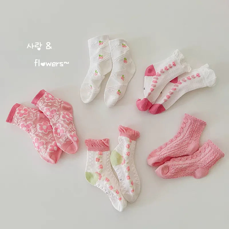 5 Pairs Kids Pink Socks Set Summer Floral Design Comfortable Half Socks Sweet Princess Child Girls Fashion Footwear