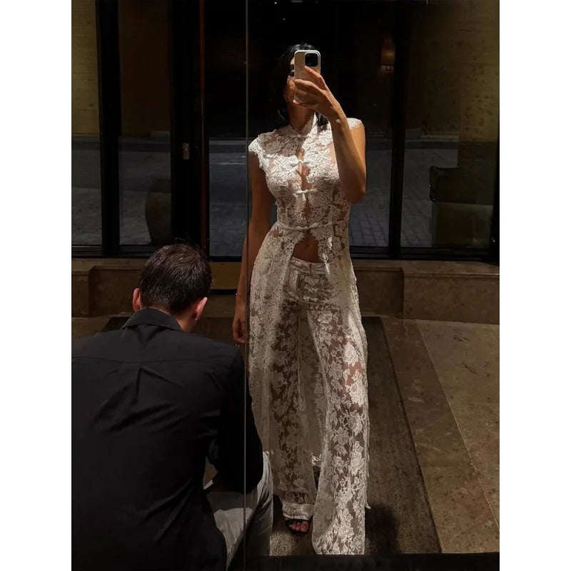 White Lace Embroidery Pant Suit Women Stand Neck Sleeveless Hollow-out Waist Cinching See Through Set Lady Summer Sheer Outfit