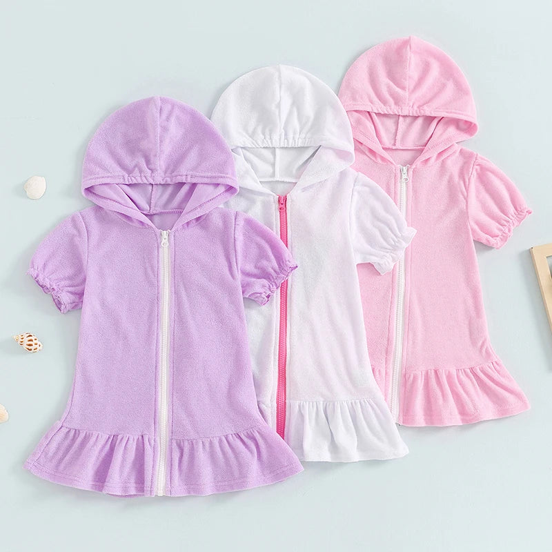 Children Kids Girls Dresses Toddler Girls Short Sleeve Zipper Hooded Ruffles Cover Up Holiday Beach Dress 1-8Y