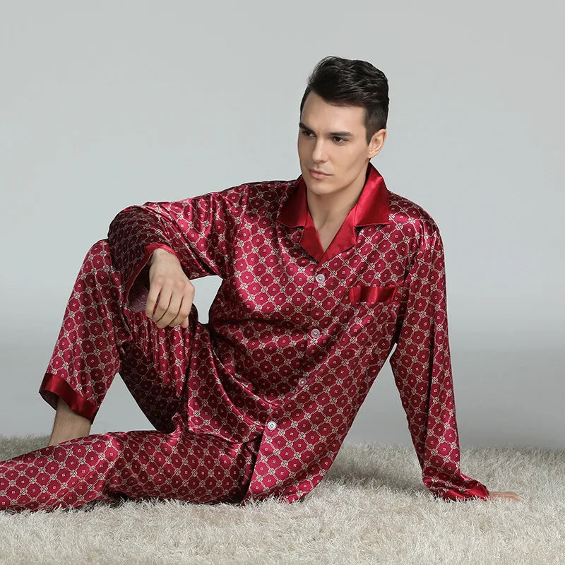 Pajamas Set Men's Home Clothes Long Sleeve Shirt&pants Male Satin Print Nightwear Casual Trousers Suit Spring Summer Loungewear