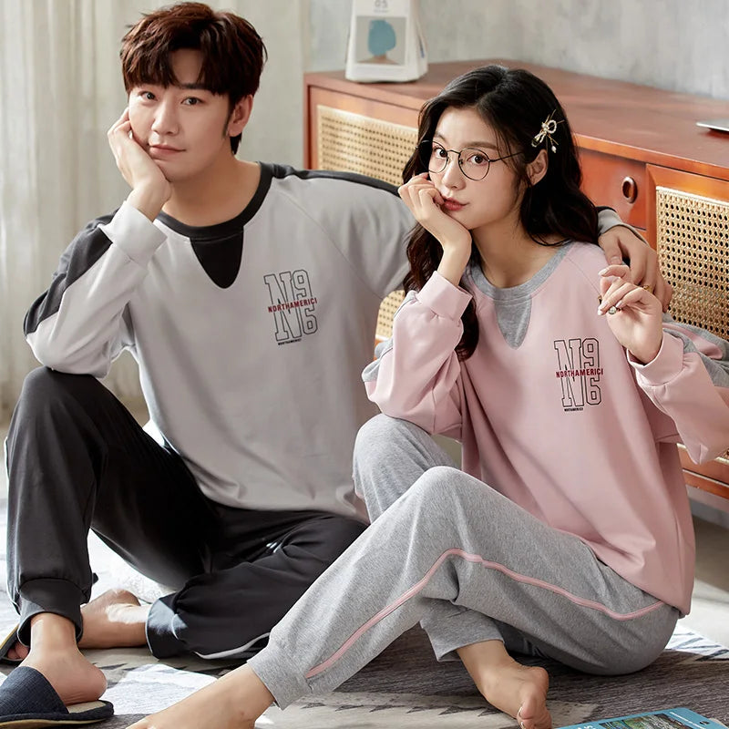 Cartoon Cute Pajamas Set For Women Men Cotton Couples Homewear Autumn Spring Long Sleep Tops Pant Nightwear Mujer hombre