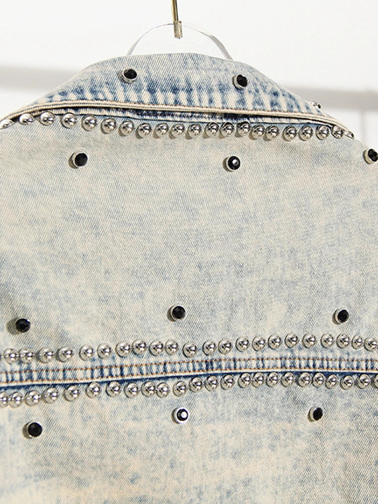 DEAT Casual Fashion Women's Denim Jackets New Solid Long Sleeve Turn-down Collar Patchwork Rivet Coat Female Summer 2024 17A1756
