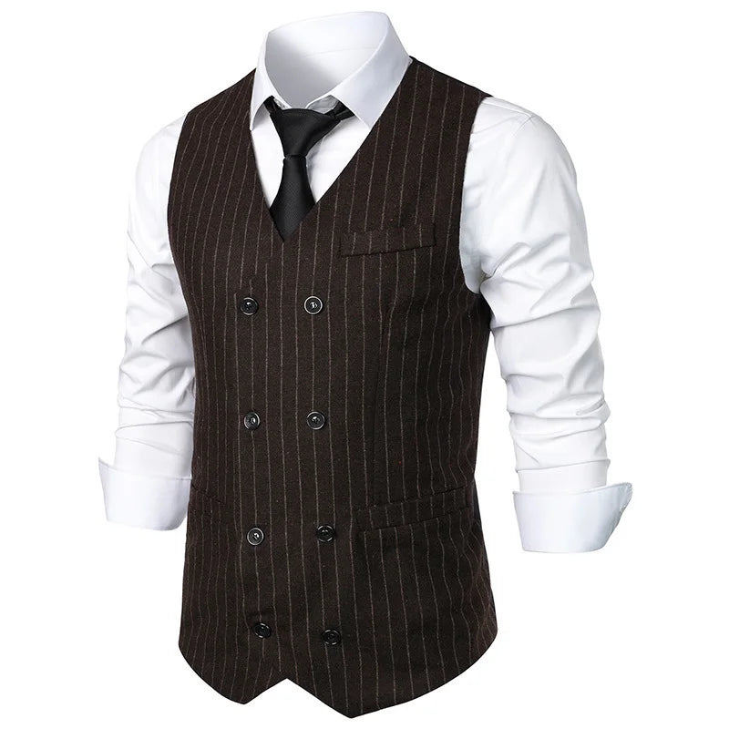 #4840 Black Gray Brown Split Joint Men's Vest Vertrical Striped Blazer Vest Double Breasted Waistcoat Slim Vintage Sleeveless