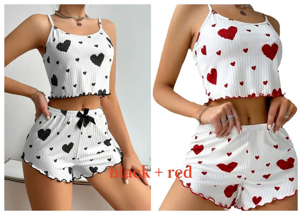 Teen girl Pajamas Set Sleepwear 2 PCS Short Tank Tops And Shorts S M L White Ventilate Soft Casual Love Printing