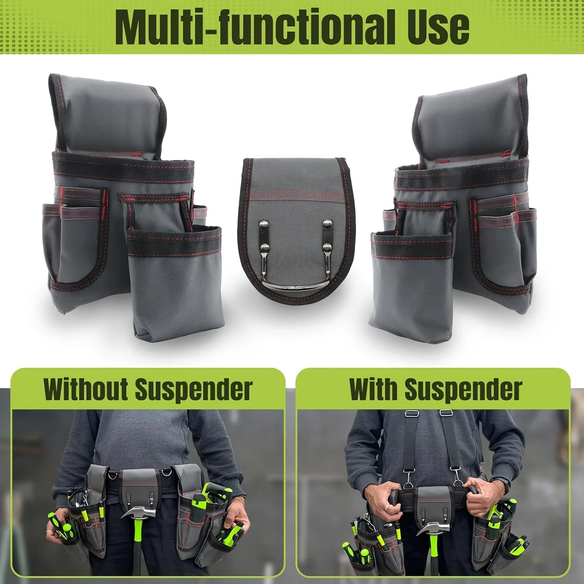 Tool Belt for Men, 32 to 66 Inches Adjustable Tool Belt with Suspenders for Electricians, Carpenters, Construction Workers
