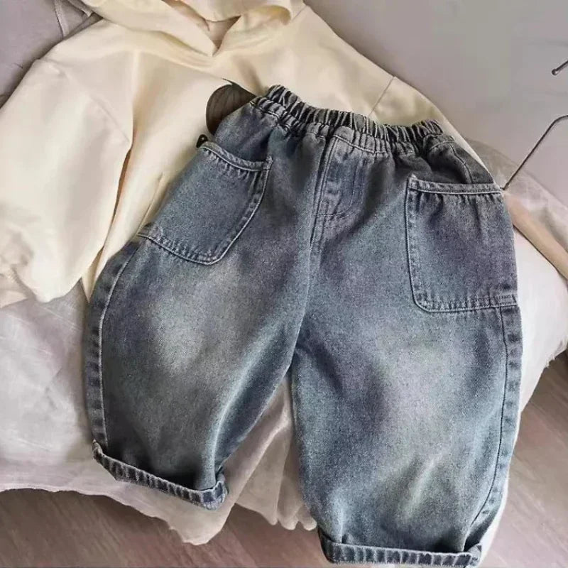2025 Spring and Autumn New Kids pants Fashion solid color Children's straight jeans Boys loose casual denim Trousers
