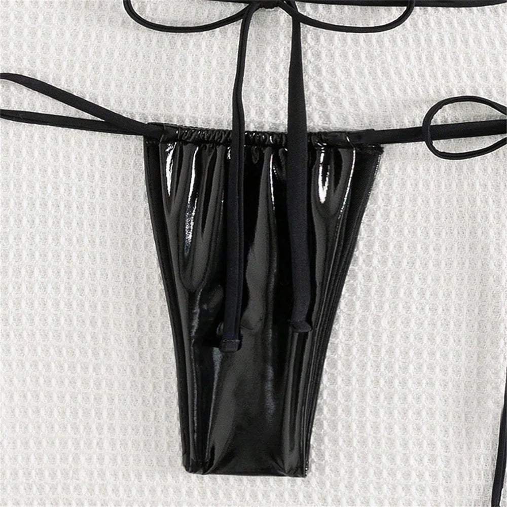 Black String Extreme Bikini PU Leather Triangle Swimsuit Backless Y2K Push Up Vacation Outfits Women Swimwear Beach Bathing Suit