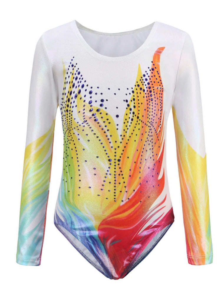 Children Girls Gymnastic Leotards Long Sleeve Unitard Sparkly Tumbling Dance Leotards 5-12 Years Kids Stage Costume