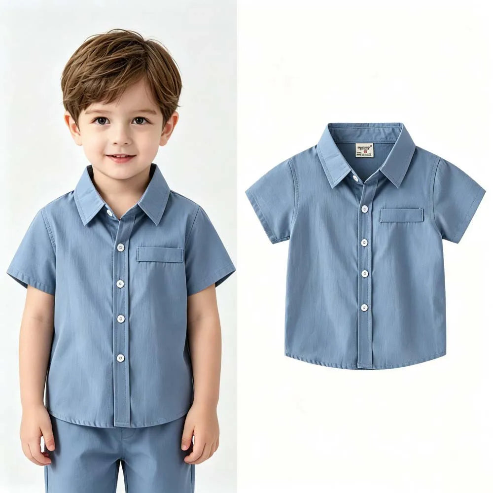 2-7Y Toddler Boys Cotton Button Up Shirts Solid Color Lapel Pocket Short Sleeve Kids Summer Casual School Outfit Blouses