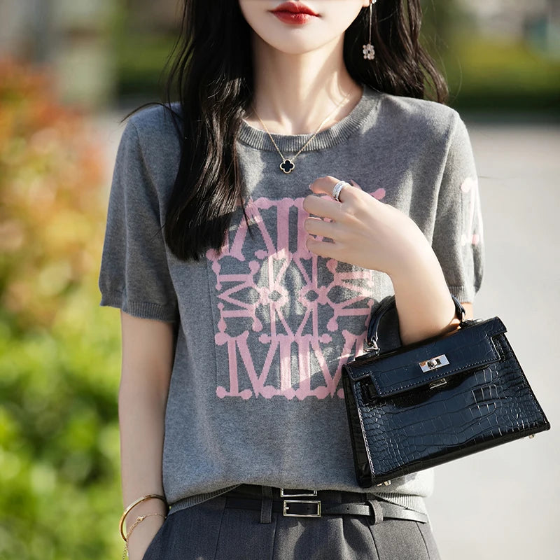 Women's T-shirt Summer New 100% Cotton Sweater Short Sleeve Knitted Embroidered Round Neck Women's Top Loose Fashion Pullover
