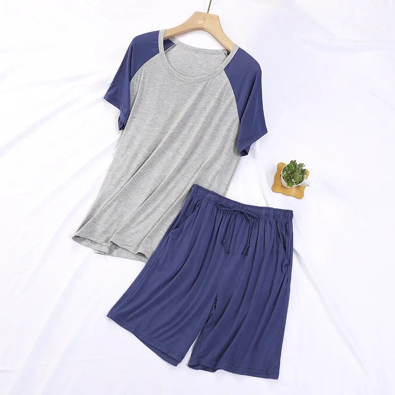 Summer Casual Pajamas Sets for Men Fashion Patchwork Comfort Modal Cotton Short Sleeve Shorts Home Two Pieces Men Sleepwear Suit