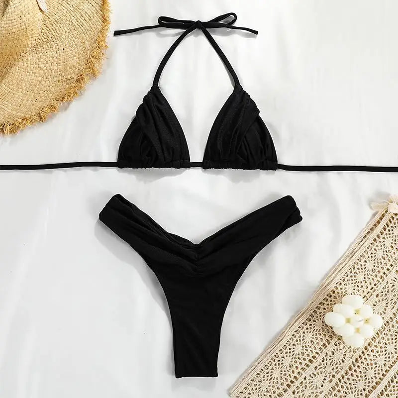 New Women's Bikini Set European and American Solid Color Sexy Pleated Bikini Beach Bikini Pool Bikini
