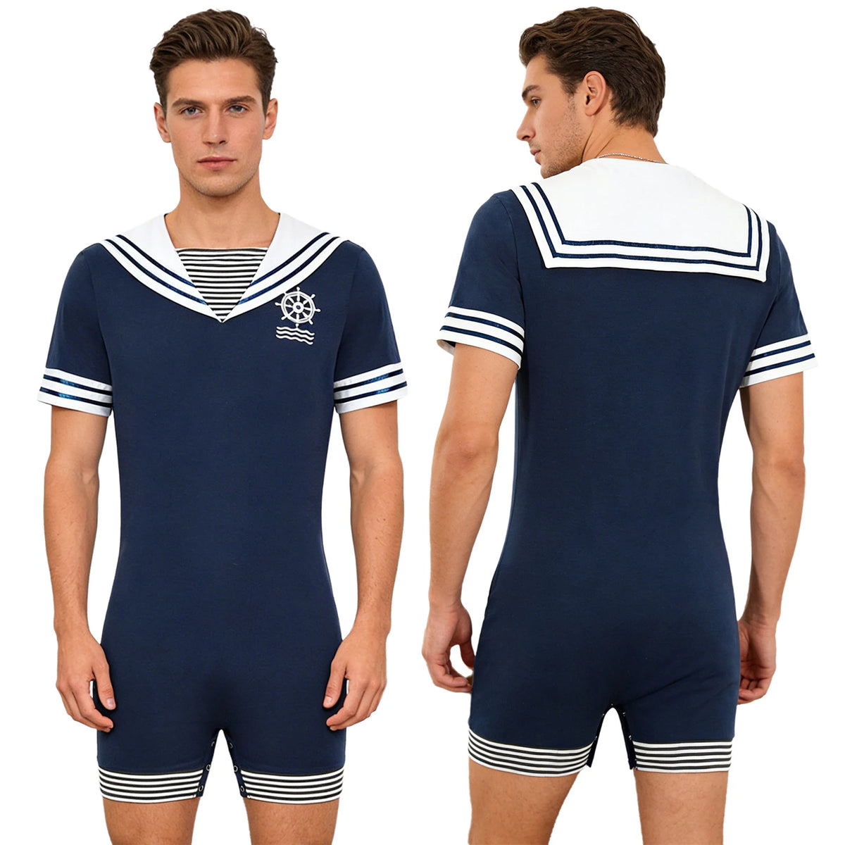 Men Adults Sailor Style Pajamas Bodysuit Navy Collar Short Sleeve Stretchy Comfortable Jumpsuit for Lounging Sleeping Home Wear