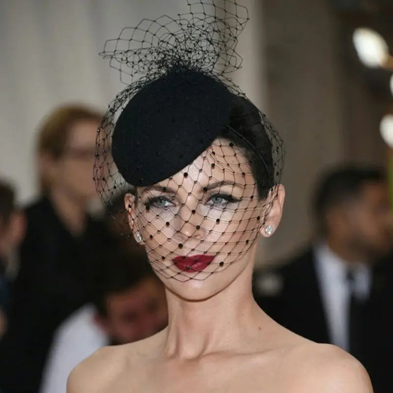 Fascinator Hats for Women Pillbox Cap with Plush Polka Dot Mesh Veil and Hair Clip Cocktail Tea Party Headwear Headdress