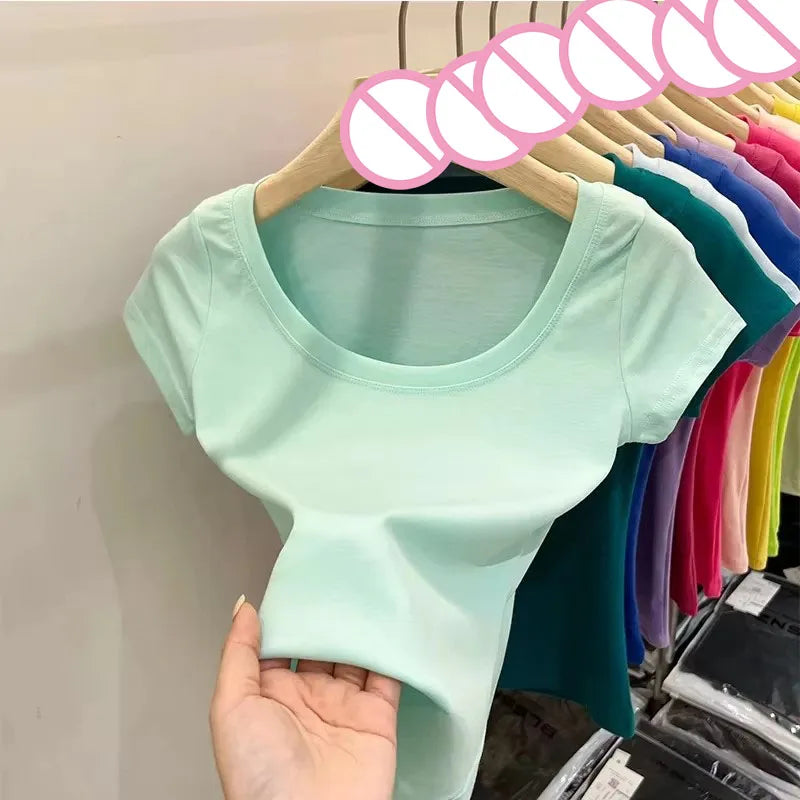 Women's Clothing U-neck T-Shirts Tops Tees pure cotton shoulder sleeved summer solid color slimming short low neck bottom shirt