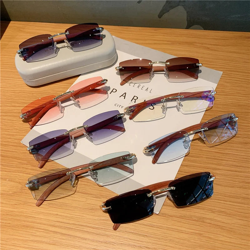 Rimless Sunglasses For Men Women Wooden Designer Luxury Brand Retro Sun Glasses Fashion Shades UV400 Travel Outdoor