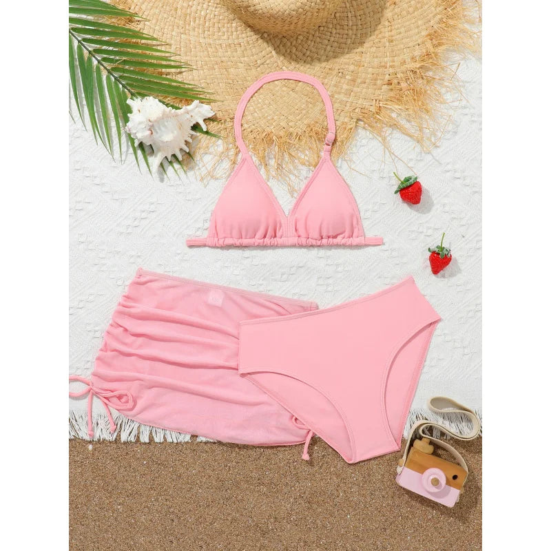 2025New Children's Bikini Swimsuit Cute Girls' Three-Piece Set with Chest Pad for Older Children