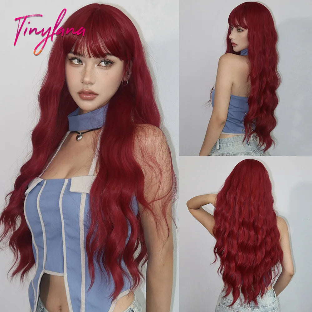 Wine Red Long Wavy Synthetic Wigs with Bangs for Women Colorful Burgundy Red Body Wave Cosplay Wig Halloween Heat Resistant Hair