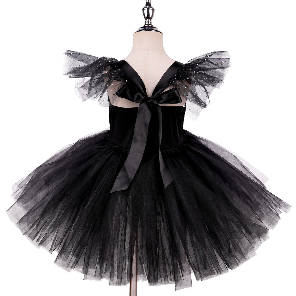 Kids Dress Halloween Costume Role Play Party Outfit Black White Tutu Dresses for Girls Halloween Clothes with Wig