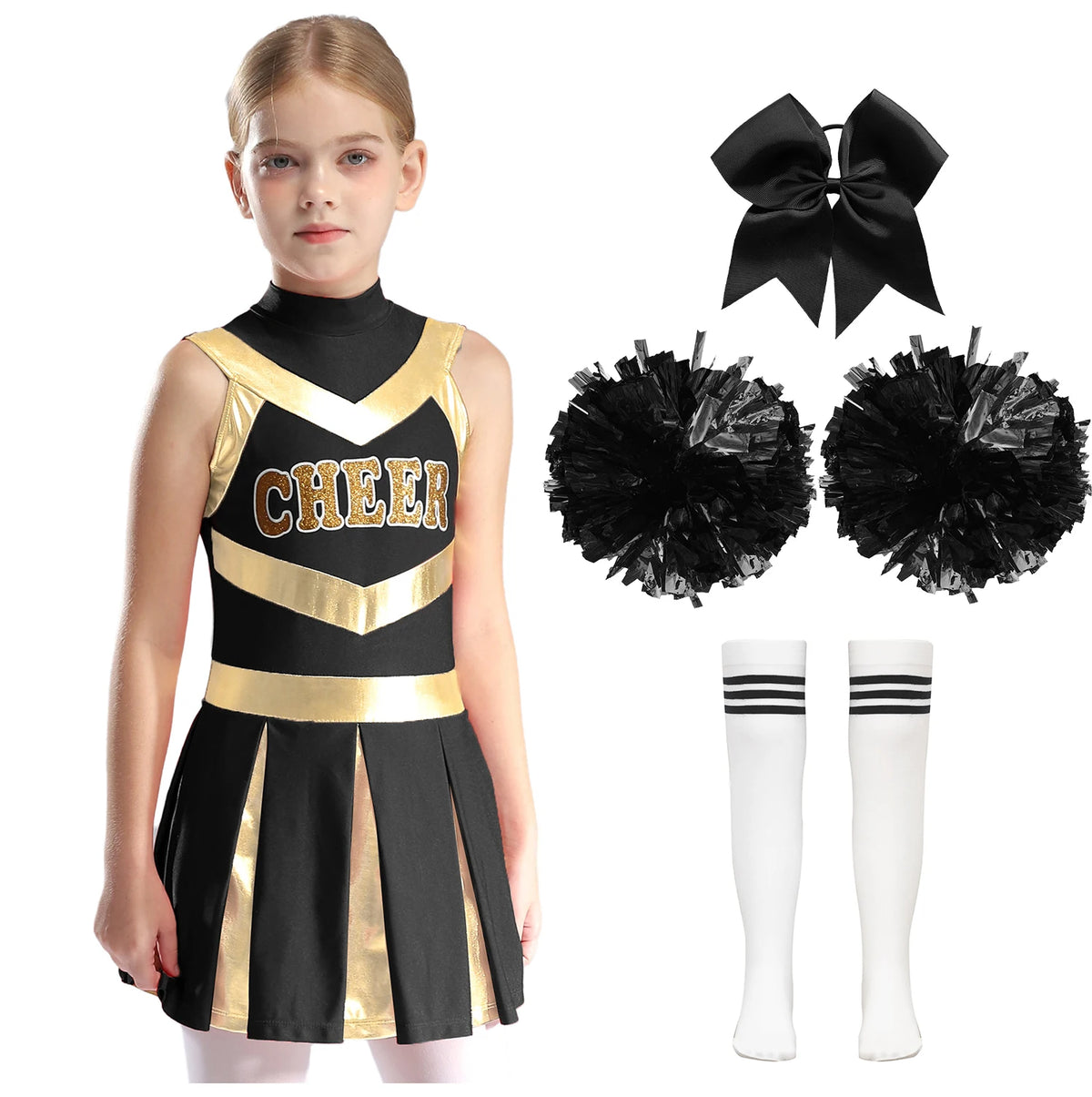 Kids Girl Cheerleading Dance Performance Costume Sleeveless Leotard Dress for School Show Sports Meeting Halloween Cosplay Party
