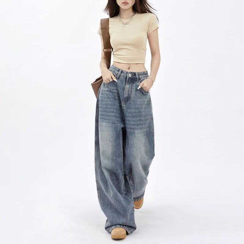 American Retro High Waist Wide Leg Draping Denim Jeans Women's Personality Straight Tube Long Pants 2025 New Style Casual Jeans