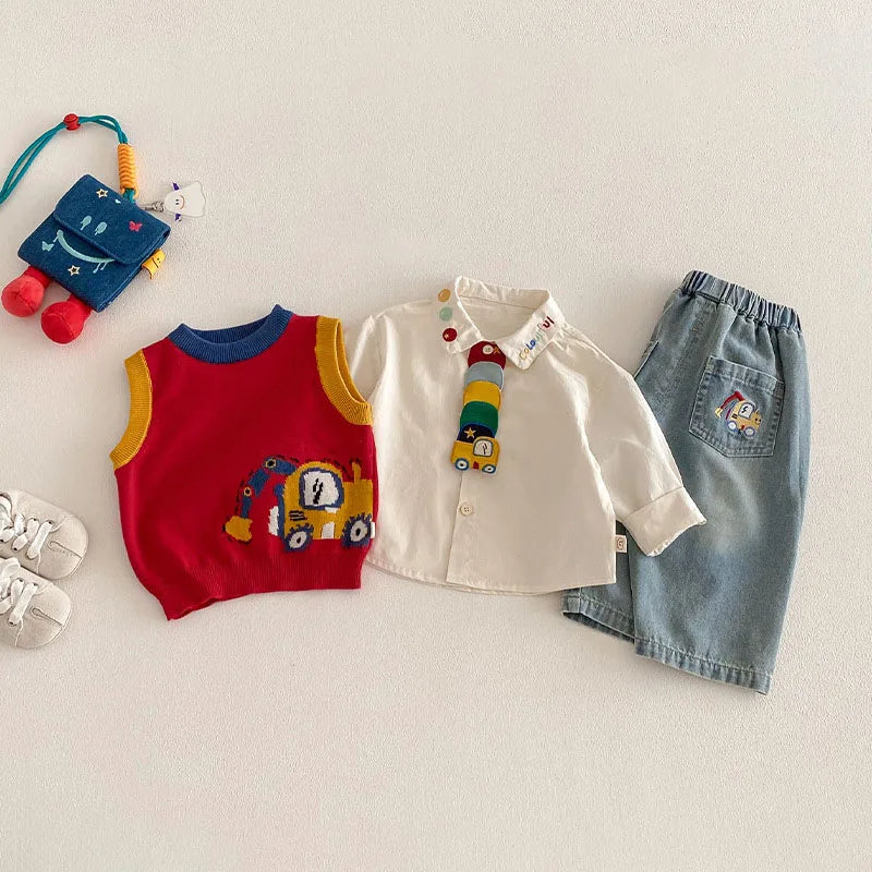 MILANCEL Spring Kids Shirts 9M-5T Cartoon Colorful Car Girls Blouse Engineering Vehicle Series Boys Clothes Children Pants