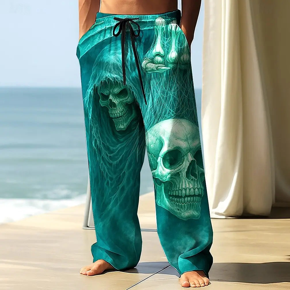 Men's Skull Skeleton Printed Trousers Baggy Pants Casual Pants Mid Waist Elastic Drawstring Waist Pants for Men Streetwear Fall