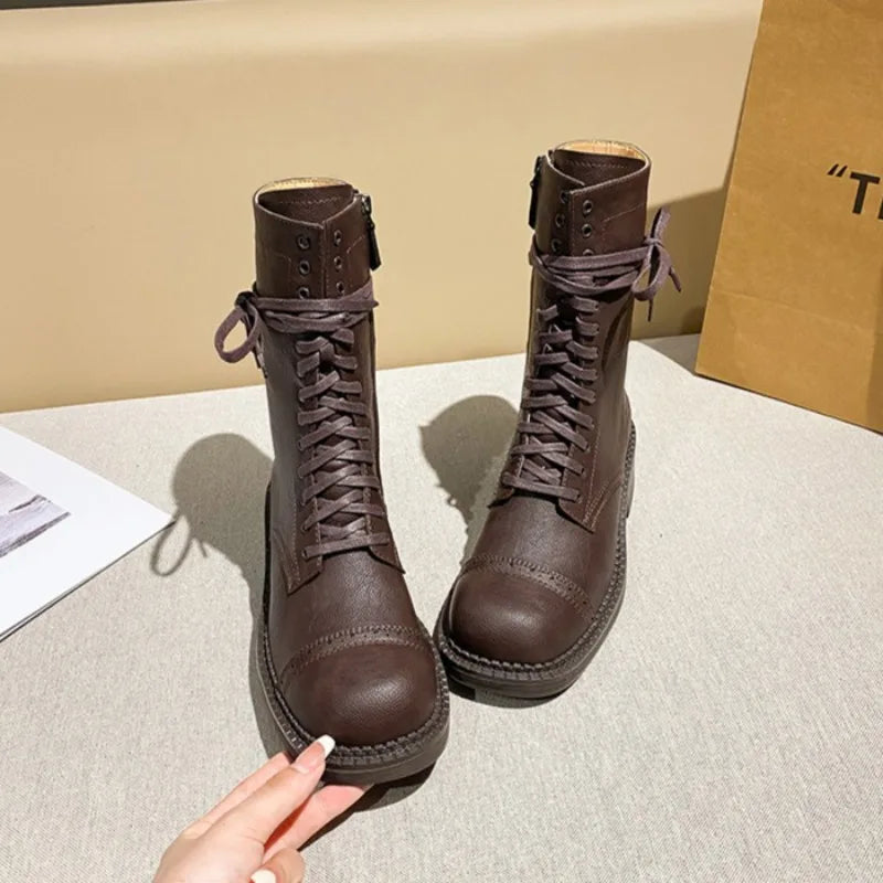 2026 New Women's Shoes Britain Handmade Ankle Boots for Woman Retro Platform Motorcycle Boots Luxury Designer Shoes Botas Mujer