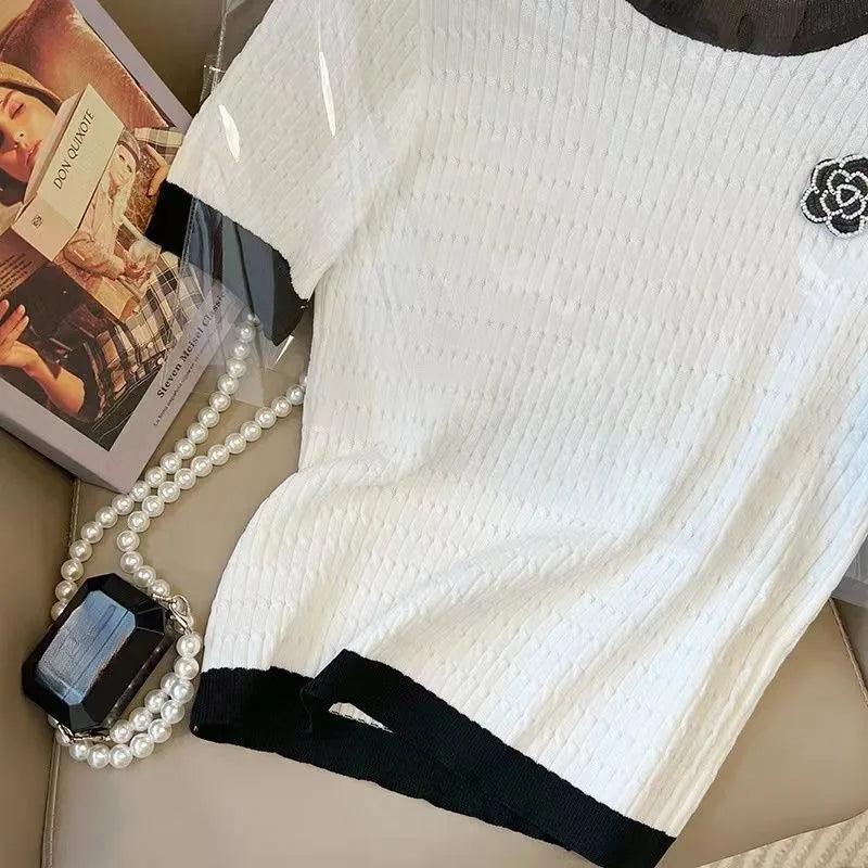 Summer Knitted T-Shirt Women's Round Neck Short Sleeve Loose Sweater Luxury Designer Rose Flower Embroidered Top Women's Clothes