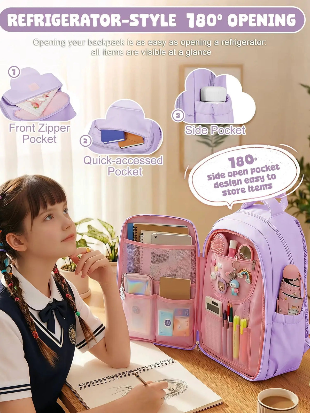 Girls School Bags Kids Backpack with Fridge Door, Elementary School Backpack, Lightweight School Backpack for Girls Ages 8-10