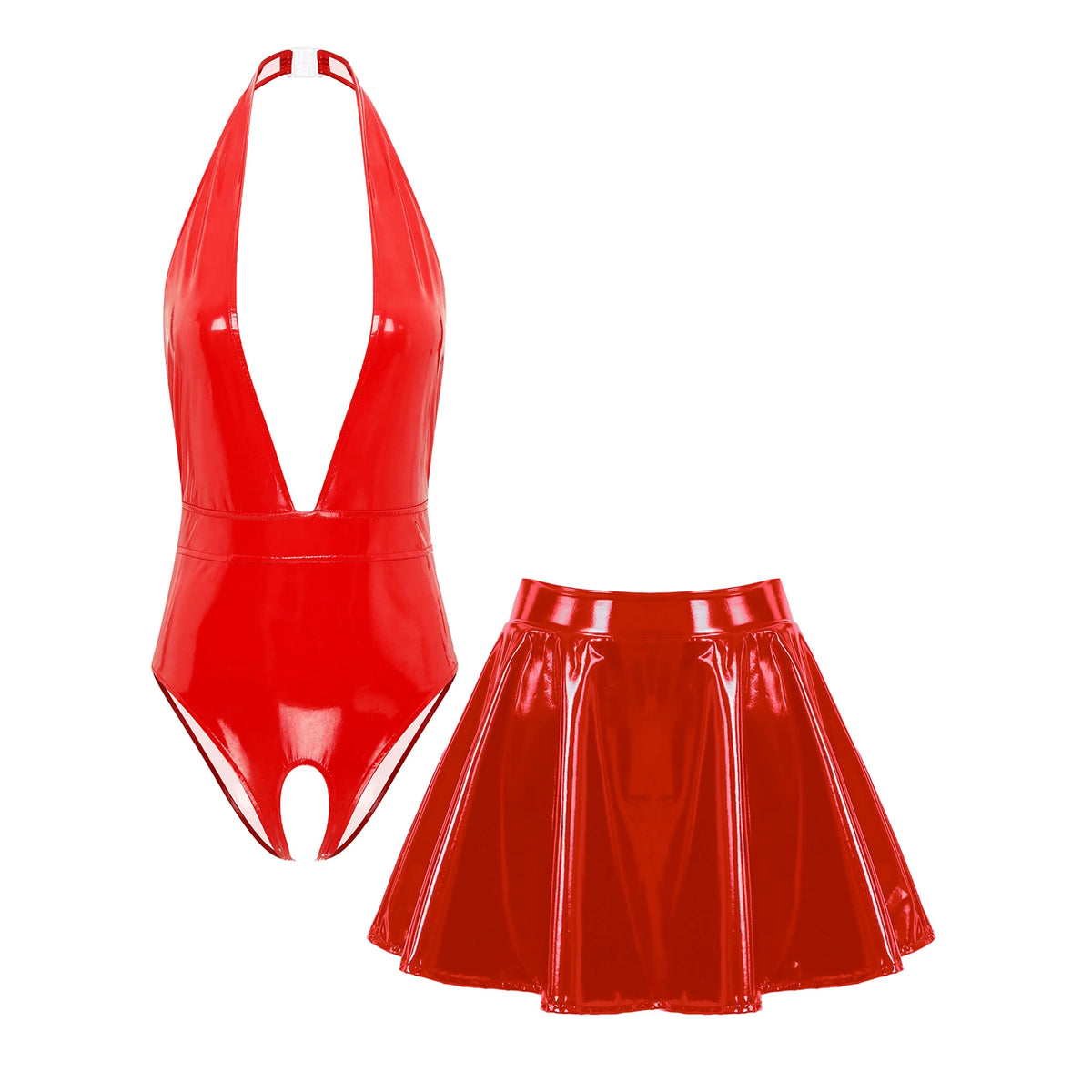 Womens PU Leather Lingerie Outfits Wet Look Halter Deep V Neck Backless Crotchless Bodysuit with Mini Skirt Nightclub Clubwear
