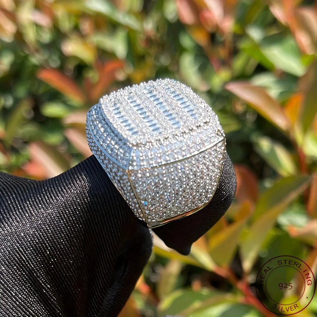 Fashion Men’s Iced Out Lad Diamond Rings 925 Sterling Silver Big Square Baguette Hip Hop Champion Ring Luxury Fine Jewelry