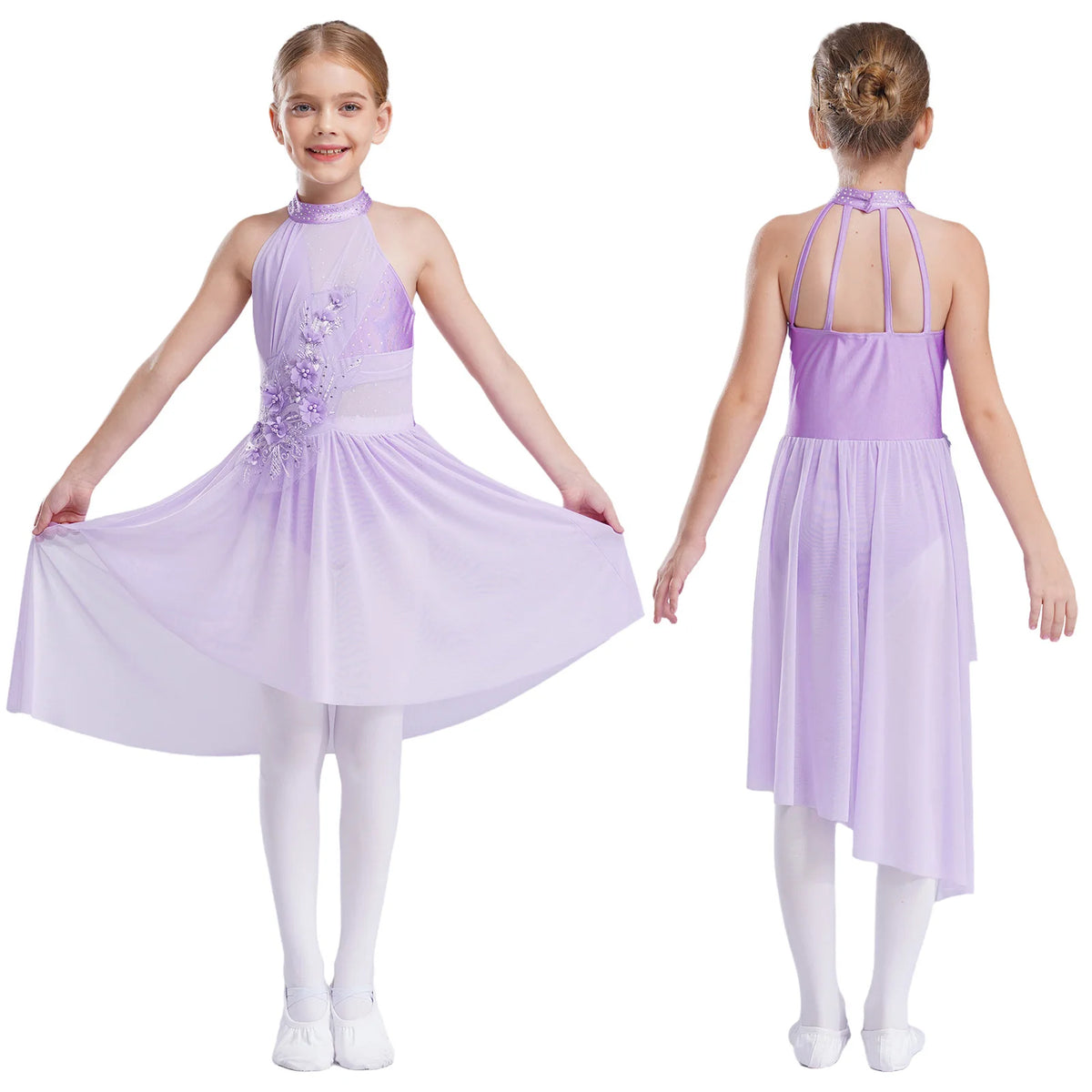 Kids Girls Ballet Lyrical Contemporary Dance Dresses Gymnastics Artistic Skating Costume Shiny Sparkly Rhinestones Tutu Dress