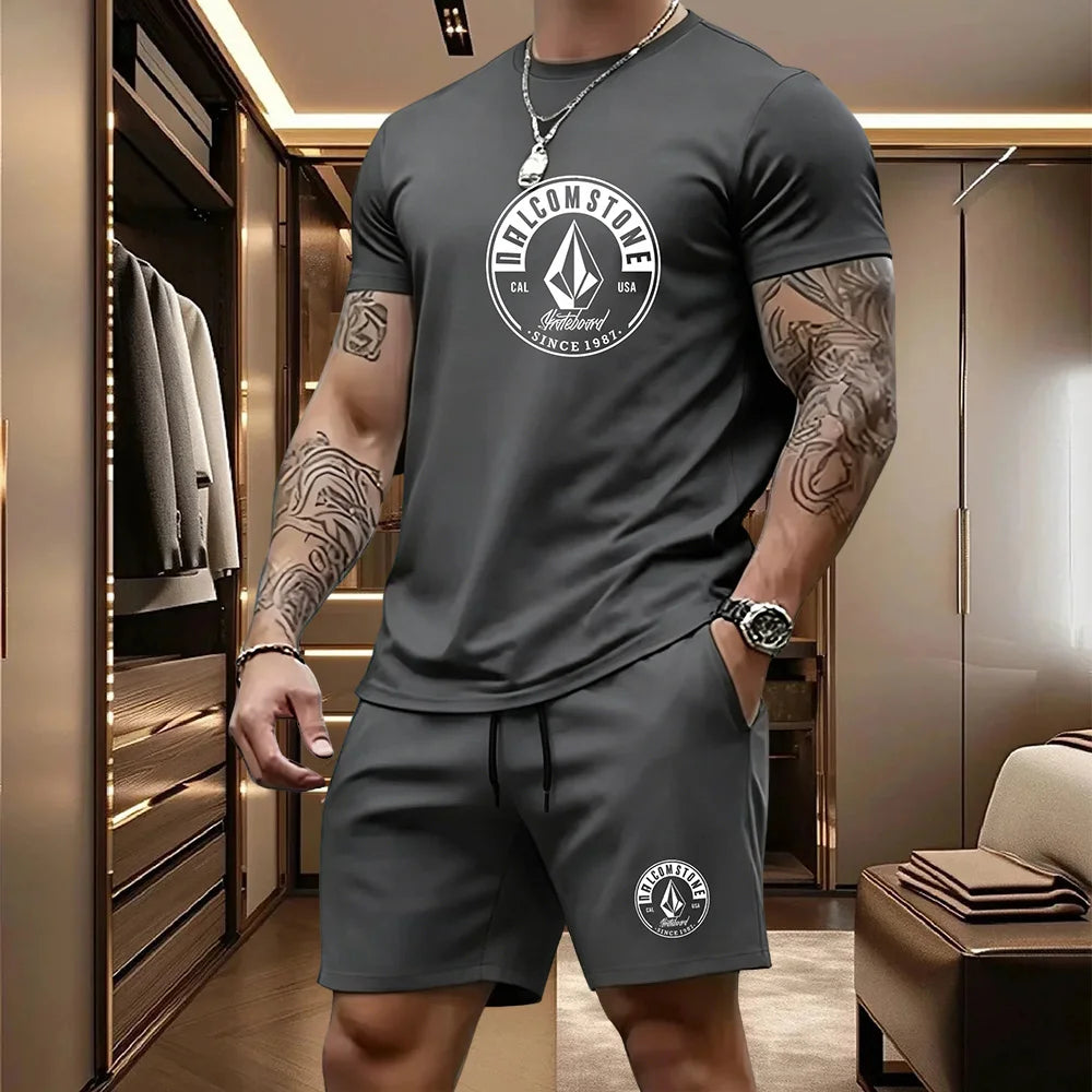 Men's Casual Sportswear 2-piece Set Classic Short Sleeved T-shirt+drawstring Pocket Shorts Street Skateboarding Outdoor Outfit