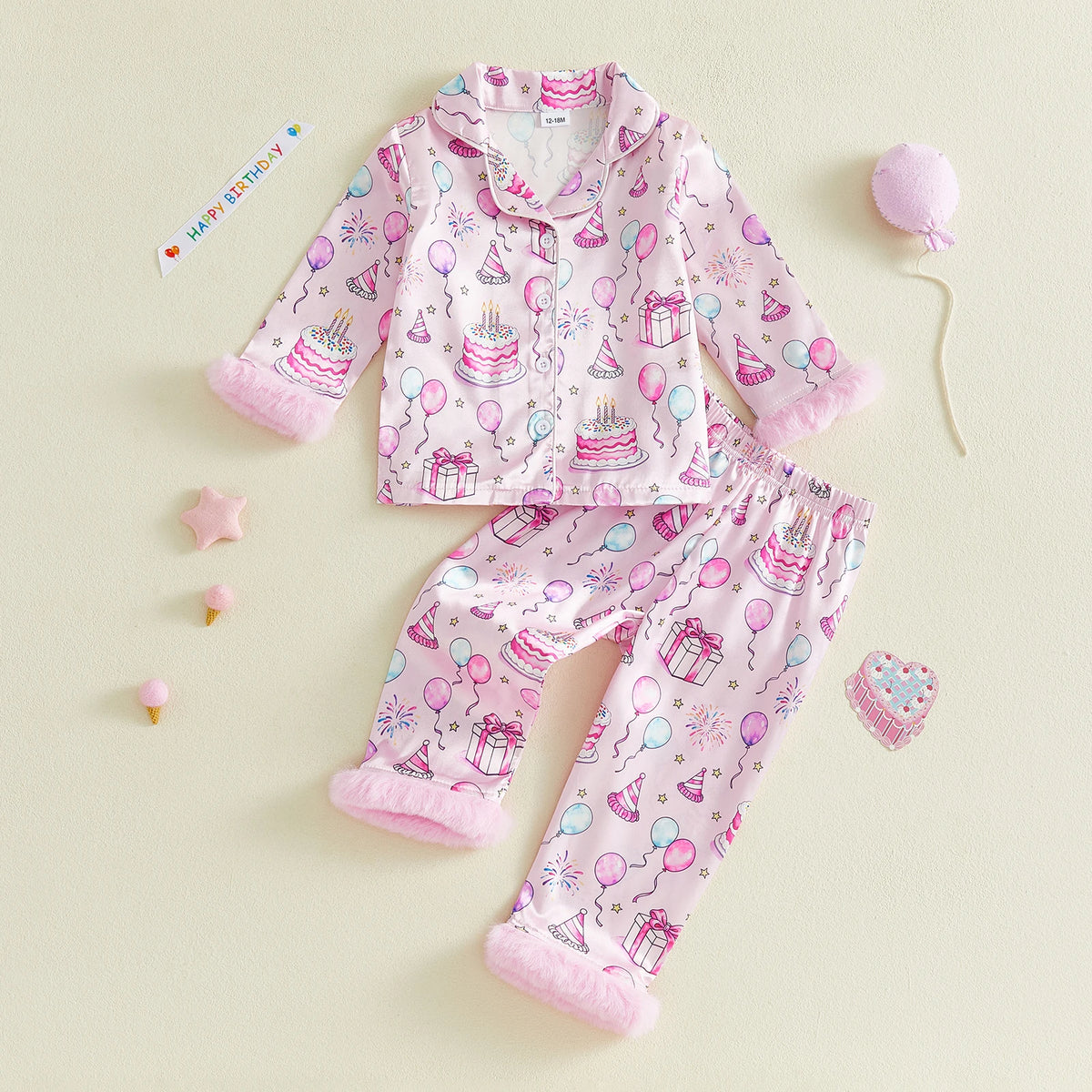 Birthday Toddler Baby Girls Pajama Sets Spring Loungewear Long Sleeve Lapel Button Cake Balloon Print Shirt Pant Sleepwear