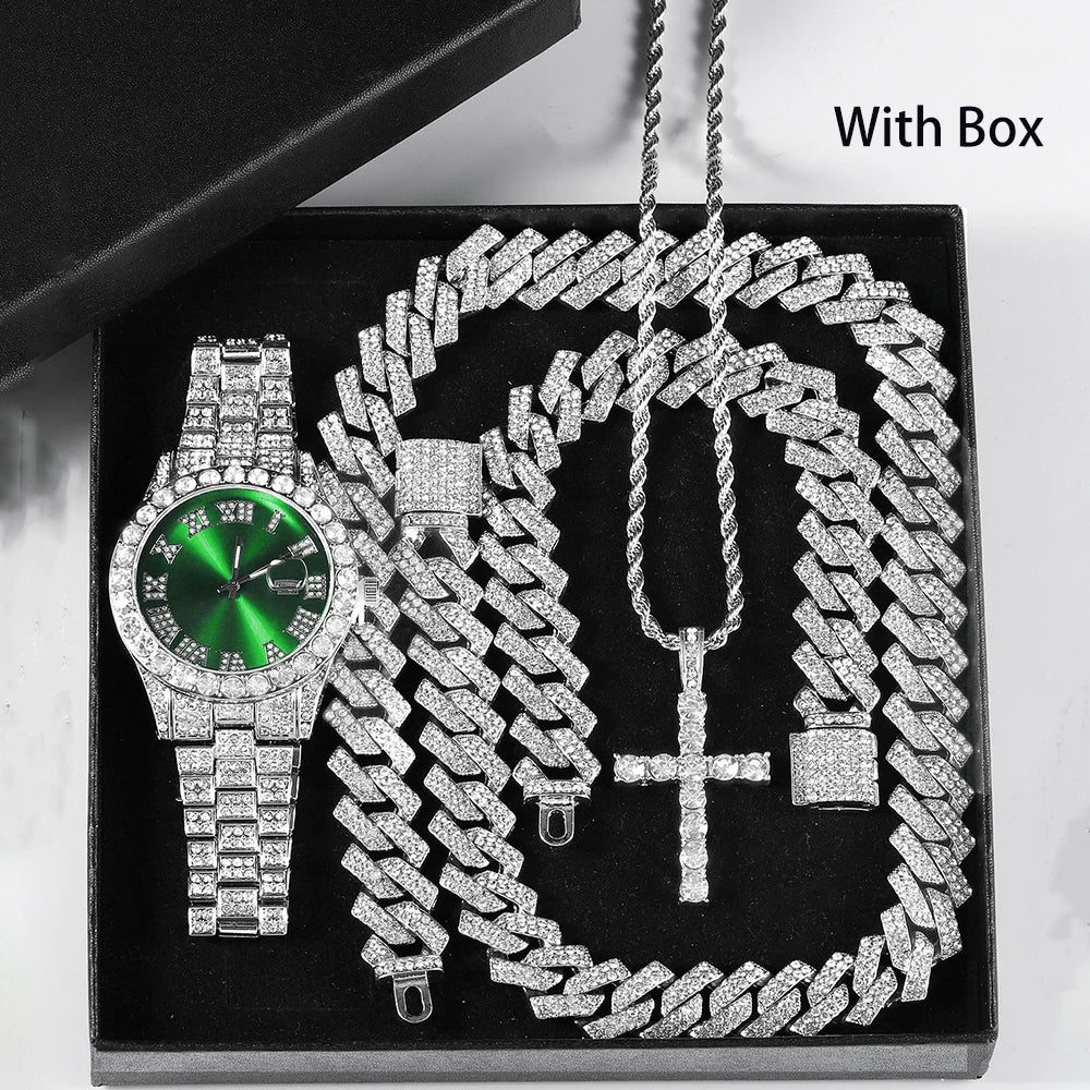 Hip Hop Men's Watch Jewelry Gift Set Glitter Silver Quartz Watch with Cross Pendant Necklace Street Punk Luxury Party Accessory
