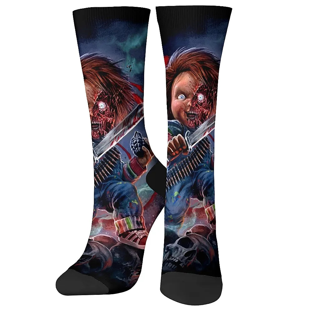 Horror movie themed men's fashion socks, fun crew socks, comfortable breathable socks, retro casual sports, the ideal gift.